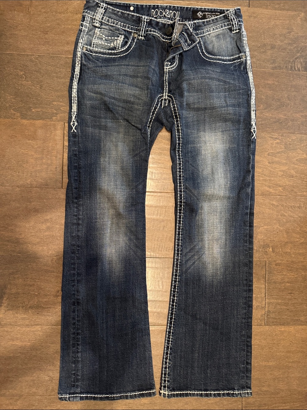 Rock & Roll Cowgirl Faded Indigo Bootcut Jeans with White Stitching